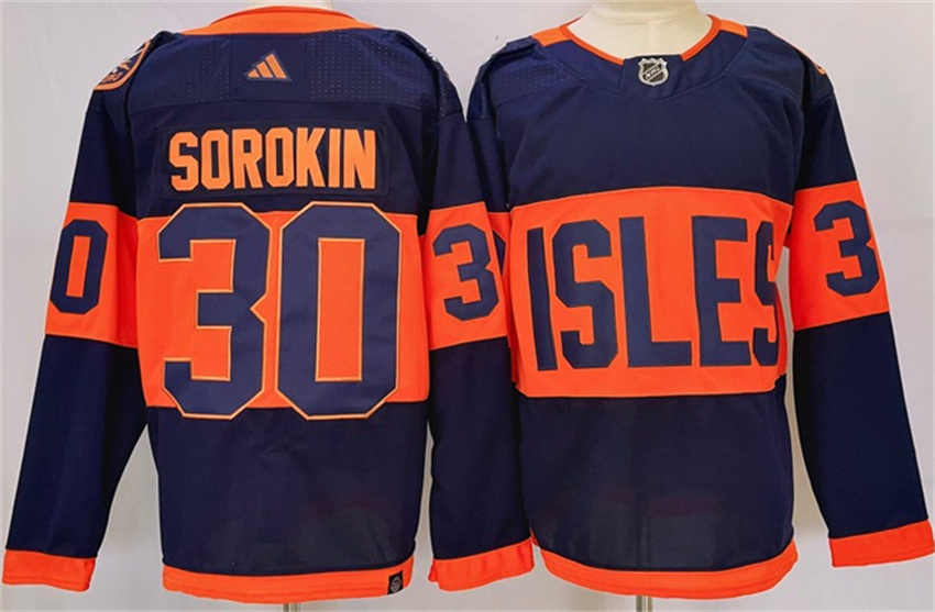 Men's Navy New York Islanders #30 Ilya Sorokin 2024 With Stadium Series Patch Stitched Jersey